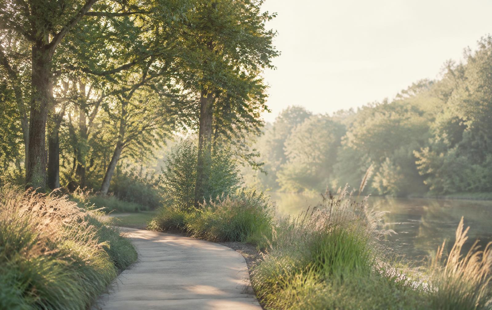 Quiet morning light along a riverside path